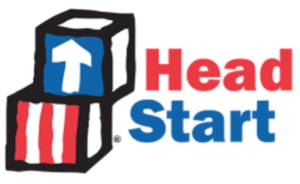 Drawing of two blocks stacked on one another. Bottom block has red vertical stripes; top block has blue background with white arrow pointing up. To the right are the words 'Head Start'