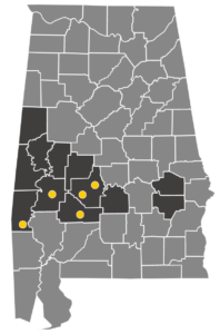 Map of the state of alabama with yellow dots marking the 5 BBCF Head Start centers across 4 black belt counties.